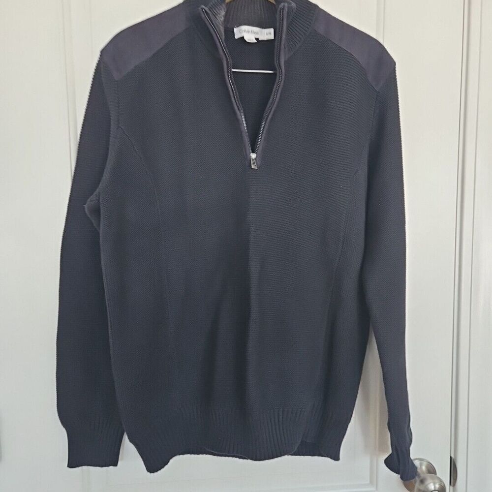 Calvin Klein 1/4 Zip Mens Navy Faux Suede Accents‎ Pullover Cotton Blend XL Prep